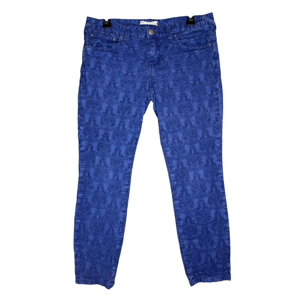 Free People Real Skinny Floral Jacquard Blue Pants Size 30 Textured Mid Rise
